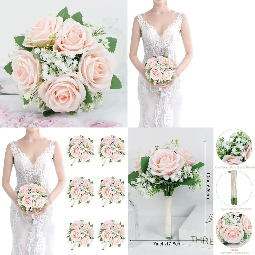 

Набор букетов из персиково-розовых роз и гипсофилы (6-7 шт.) для подружек невесты - идеально для свадеб и вечеринок