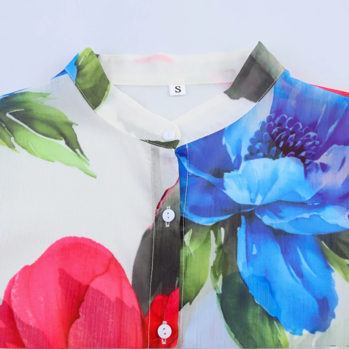 Faionable Long Sve Chiffon Printed irt with Wood ain Ruffle Decoration Women's Casual Sle Loose Fit Polyester Fiber