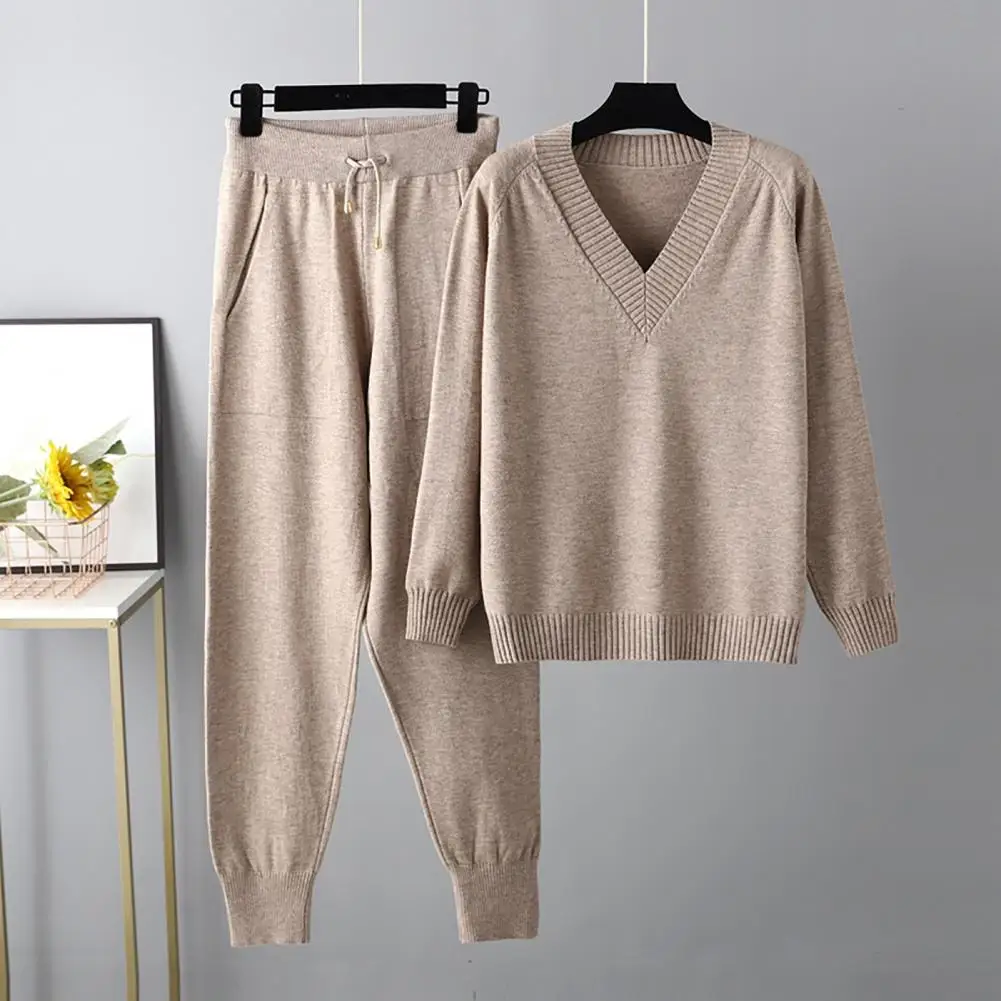 2023 Autumn Winter Women’s V Neck Sweater Two Piece Set Female Knitted Pants Suits Fashion Casual Pullover Tracksuits Outwear