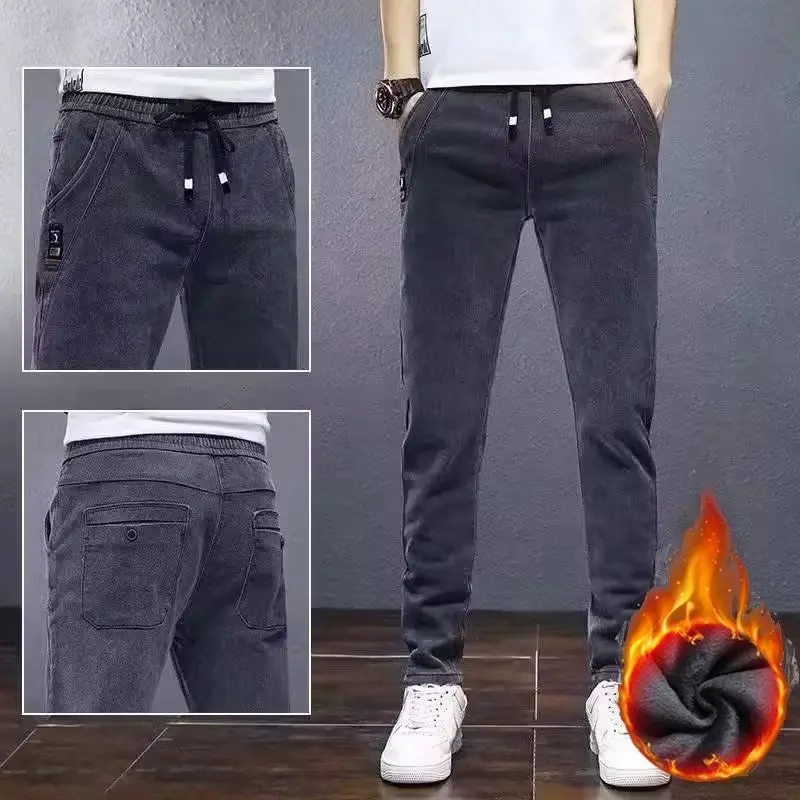 

Новинка 2025, мужские зимние теплые плюшевые джинсы, мужские утолщенные джинсовые брюки на флисовой подкладке, свободные прямые облегающие эластичные брюки
