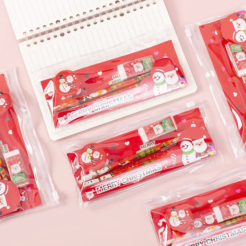 4 Sets Cartoon Santa Claus Snowman Pencil Eraser Ruler Stationery Set for Christmas Theme Party Favors School Gift Pinata Filler