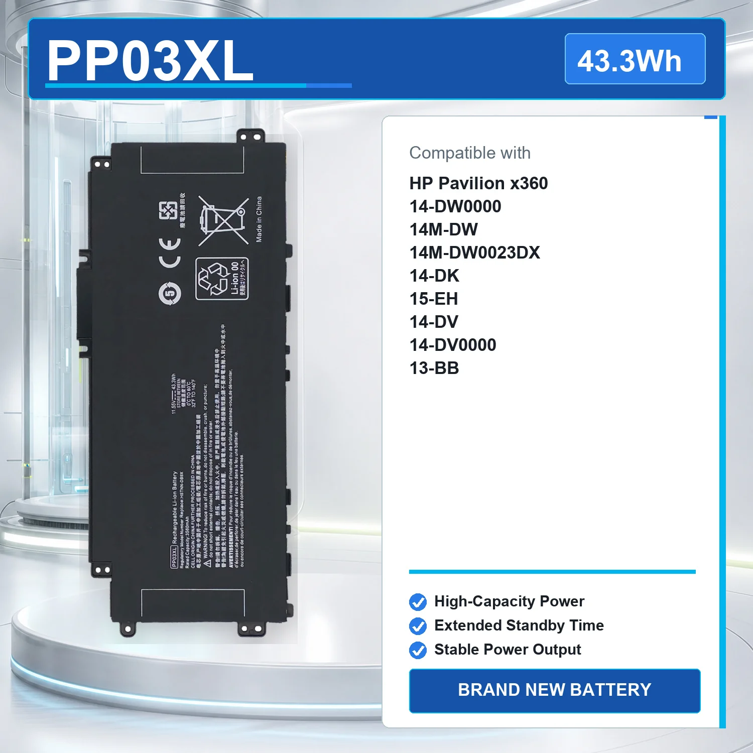 PP03XL 43.3Wh 15.55V Laptop Battery For HP Pavilion x360 13-BB 14-DV 14-DW 14M-DW 14-DK 14 Series HSTNN-LB8S DB9X OB1P
