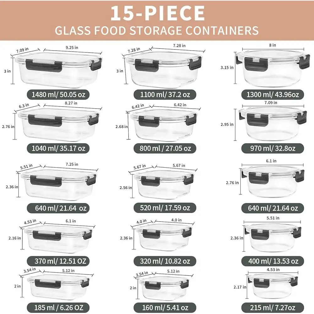 Glass Food Storage Containers Set 15 Pack Leak Proof Meal Prep Bento Boxes Borosilicate Glass Kitchen Organization Dishwasher