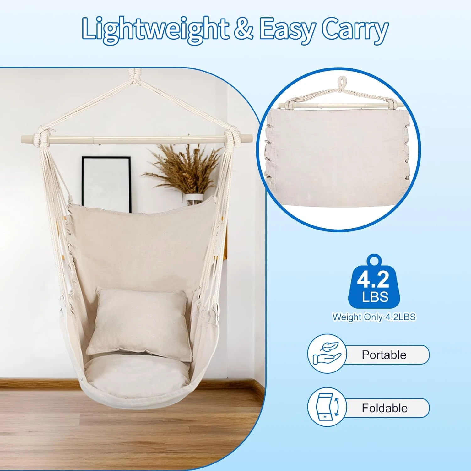 Sturdy Frame Outdoor/Indoor Hanging Chair Soft Comfortable Design Portable Easy Install for Gardens Terraces Balconies Bedrooms All-Weather Durable Rocking Chair for Reading Nooks - view 7
