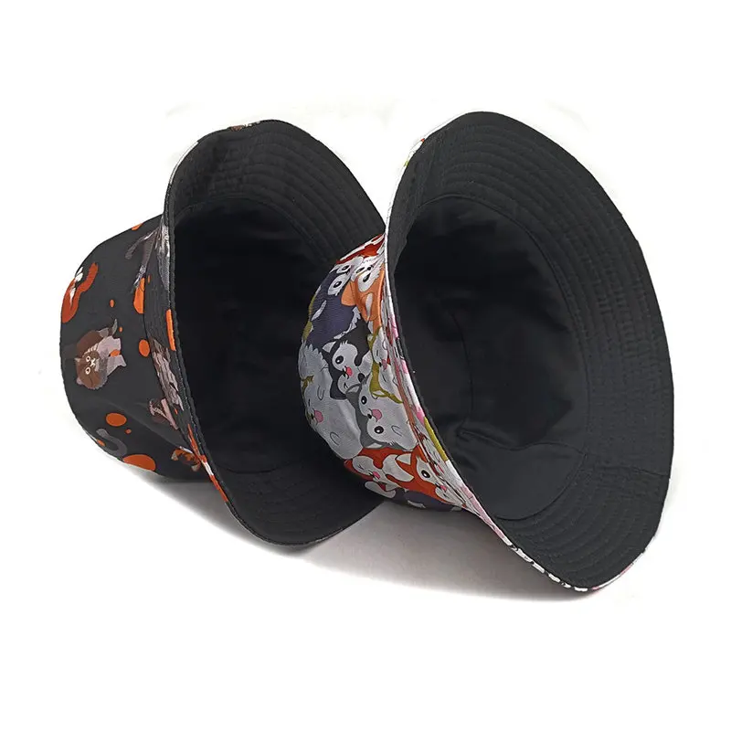 2024 Four Seasons Polyester Cartoon Cat Print Bucket Hat Fisherman Hat Outdoor Travel Sun Cap For Men And Women 05