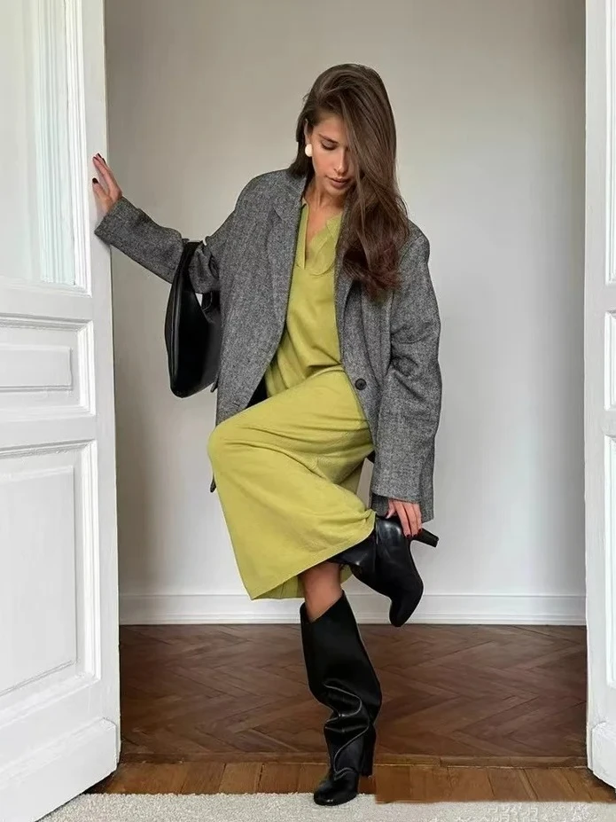 

Модный длинный вязаный однотонный свободный свитер, удобный теплый осенний свитер для поездок на работу