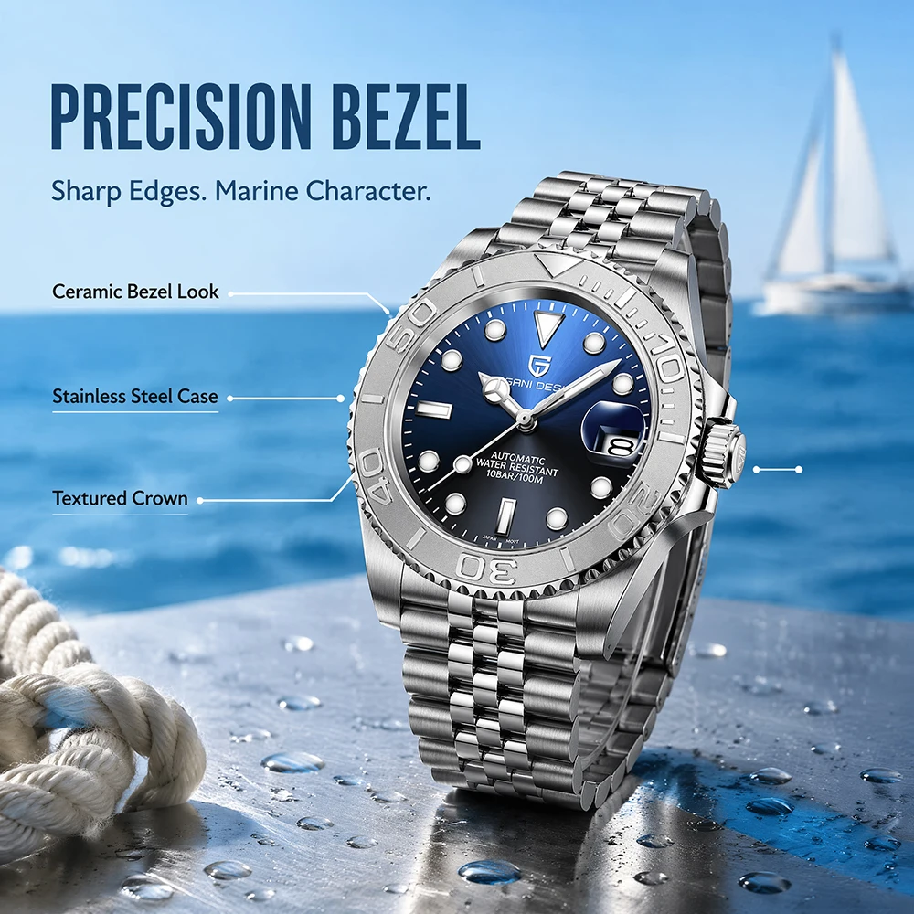 

PAGANI DESIGN Men Automatic Mechanical Watch Blue Dial Rotating Bezel 100M Waterproof Stainless Steel Luminous Sports Wristwatch