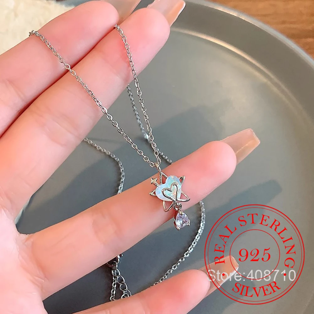 925 Sterling Silver 5-pointed Star Hollow Aurora Love Heart Necklace Pendant For Women Crystal Wedding Party Jewelry Gift Collar