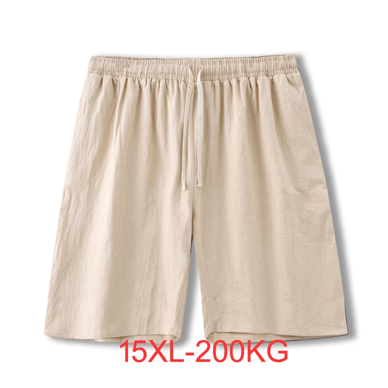 Summer Cotton Linen Shorts Men Fashion Casual Linen Short Pants Big Size 14XL 15XL Shorts Solid Color Elastic Waist Bottoms Male