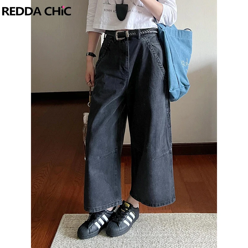 

ReddaChic однотонные черные укороченные джинсовые брюки винтажные карго с карманами прямые широкие джинсы миниатюрные женские брюки уличная одежда в стиле гранж