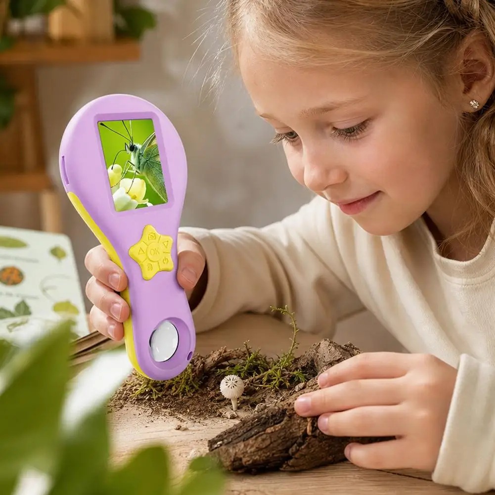 Kids Digital Magnifier HD1080P Portable Video Microscope 8LEDs With Magnifying Glass Purple Black for Children Young Explorers