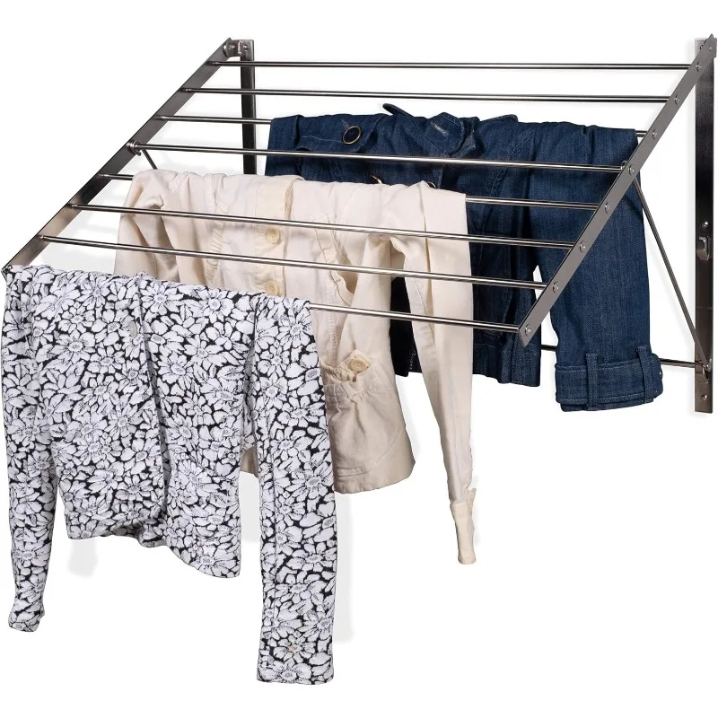 Wall Mount Clothes Drying Rack & Laundry Room Organizer, 6.5 Yards Drying Capacity Stainless Steel Silver Laundry Rack