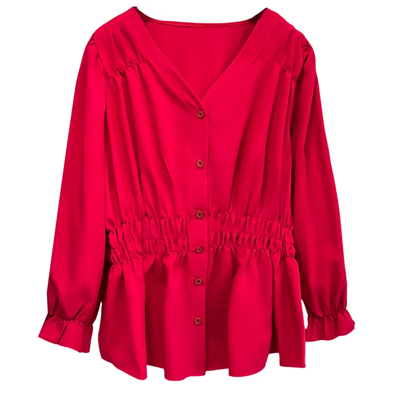 

Fashion Plus Size Women's Blouses 2025 Autumn New Style Simple And Elegant V-Neck Cinched Waist Long Sleeved Shirt 703