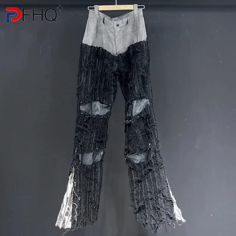 PFHQ Fake 2 Pieces Jeans Summer Male Worn Out Loose Outdoor Personality Motorcycle Zippers Men's Denim Flared Pants New 21Z4579