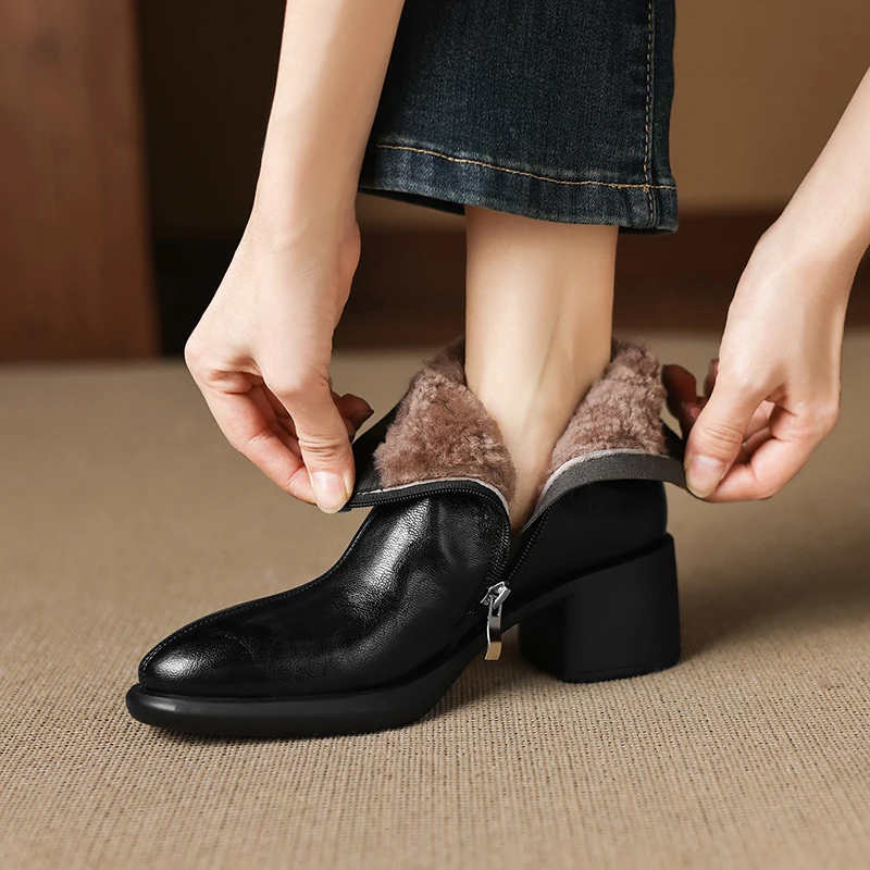 2026 new autumn winter women ankle boots natural leather plus size 22-25cm split leather+wool thick heel side zip short boots