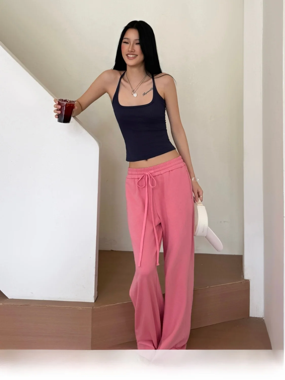 

Audwyn Drawstring Wide Leg Pants Women's Casual Drapey Straight Cut Slimming Floor-Length Sweatpants Street Style Cotton