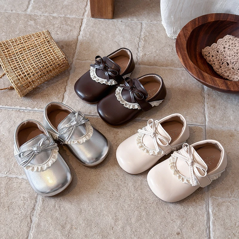 Kid's Shoes Korean Style Lace-Up Princess Shoes for Girls Sweet Bowknot Design Lightweight Non-Slip Children's Shoes 21-30