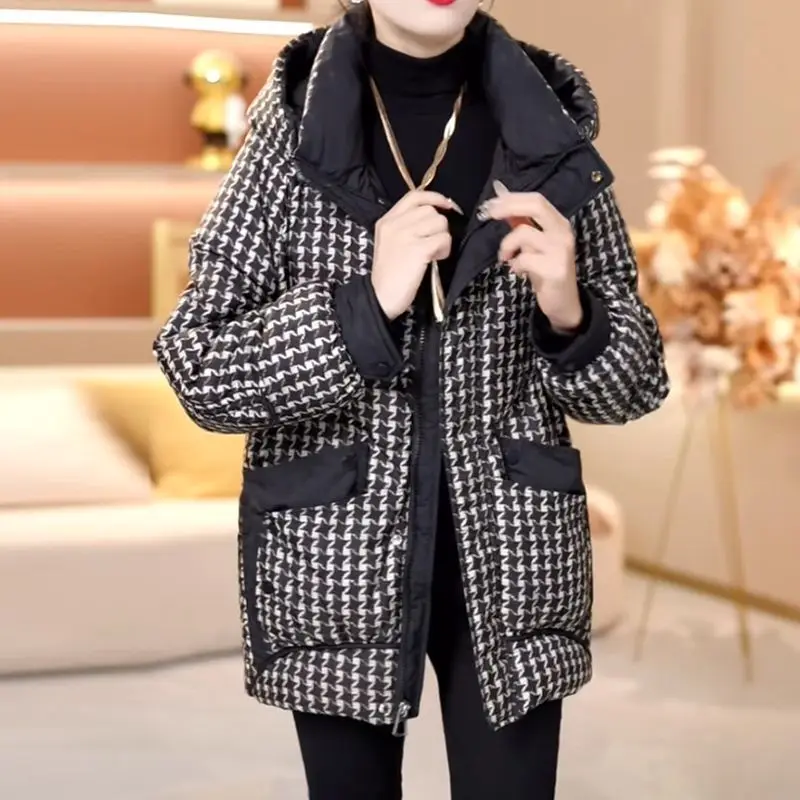Women's Autumn Winter Top Coat Cotton Coat Houndstooth Middle-aged and Elderly Retro Simple Comfortable Casual Soft Niche Skinny