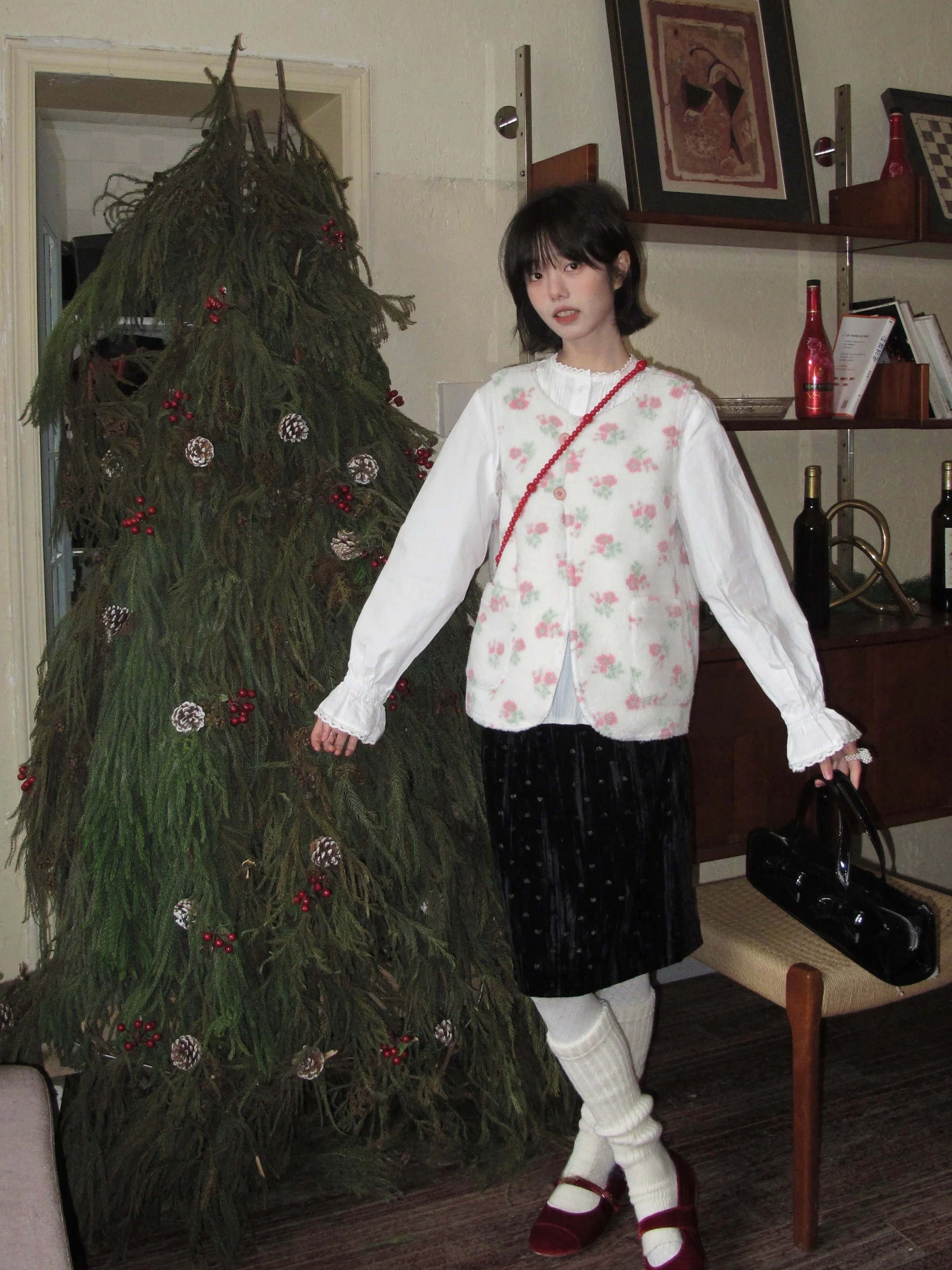 

Tulip Room Double-Sided Wear Lamb Fur Heart Quilted Asymmetrical Button-Up Floral Vest Spring 2025 Women's Faion Blouse