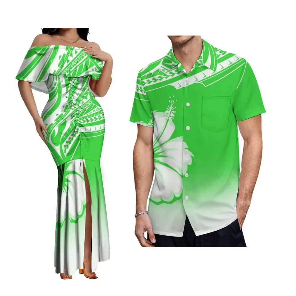 우아한 원숄더 피쉬테일 드레스 (여성용) 폴리네시안 아일랜드 커플 세트 & 남성용 포켓 셔츠 사모아 플로럴 프린트