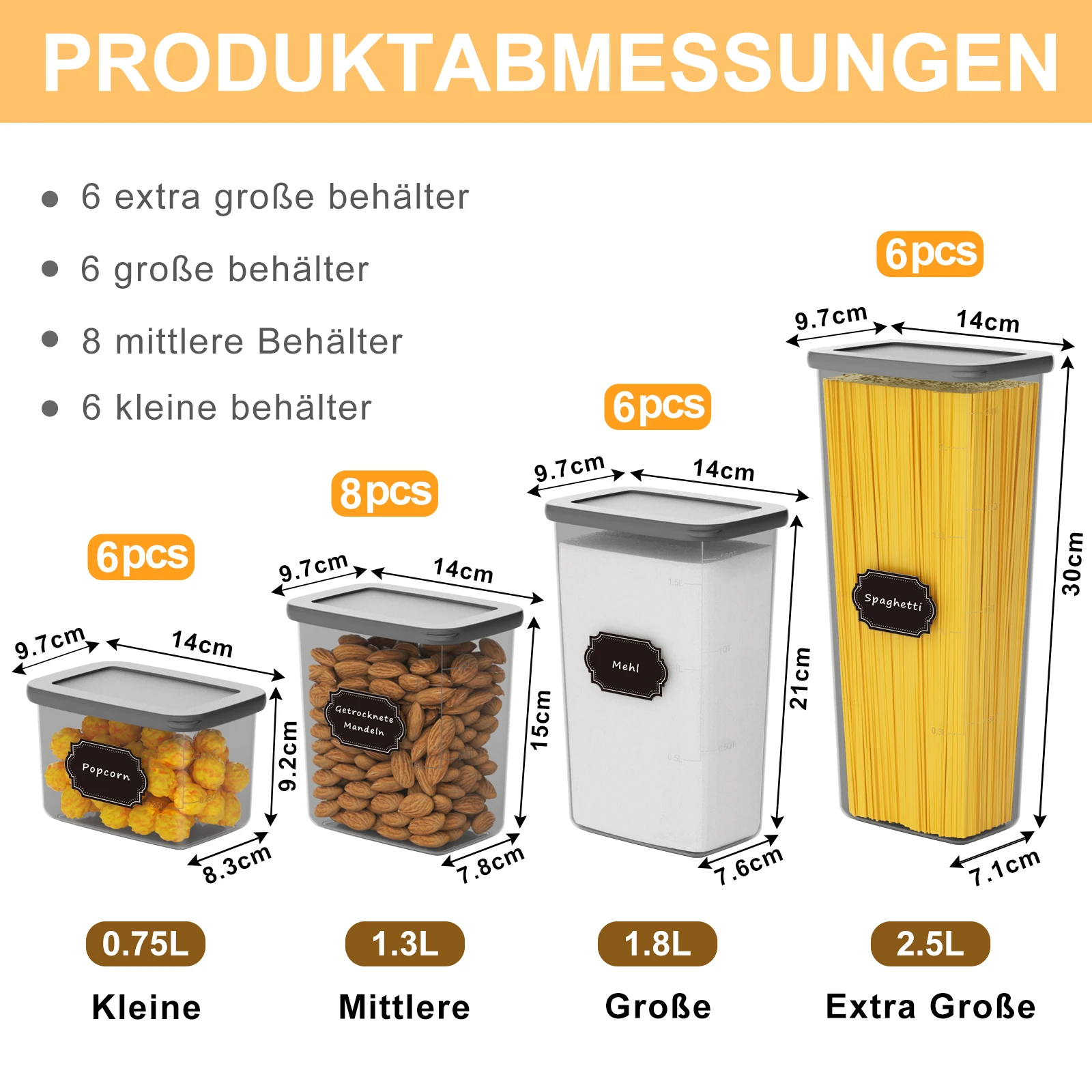 Opbergpotten met deksel, luchtdicht, set van 26, keukenopbergdozen voor bloem, spaghetti, opbergcontainerset 2,8 L/2,0 L/1,5 L/0,8 L, keukenopbergpot