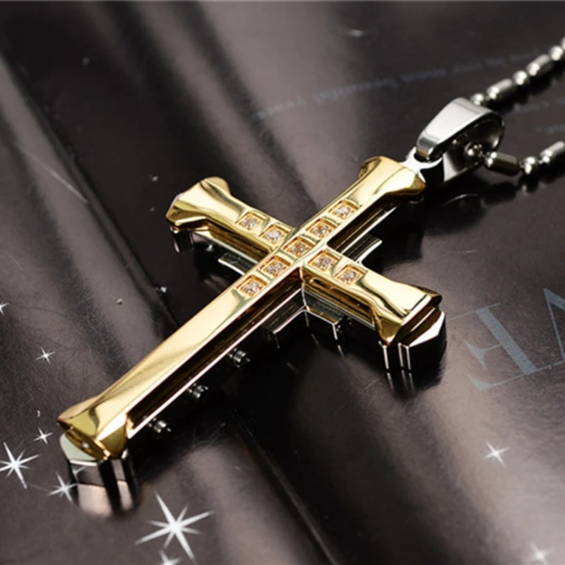 2024 New Dark Knight Necklace Men\'s Cross Necklace Gold Plated Silvery Black Inlaid Zircon Hip Hop Pendant