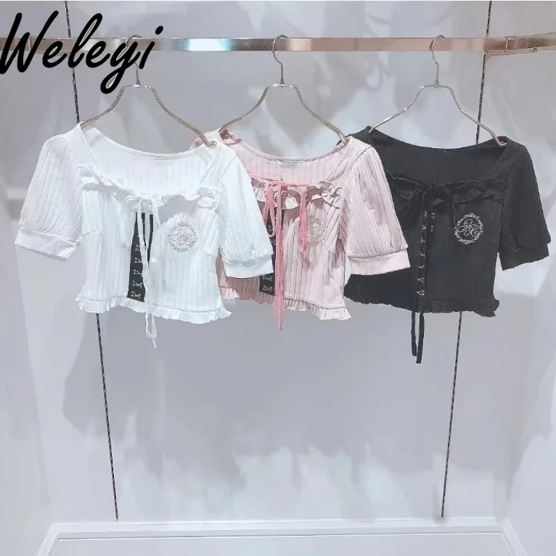 

Japanese Cute Cross Strap Letter Embroidery T-shirt Woman 2024 Mine Sweet Cool Bubble Short Sleeve Short Waist Versatile Tee Top