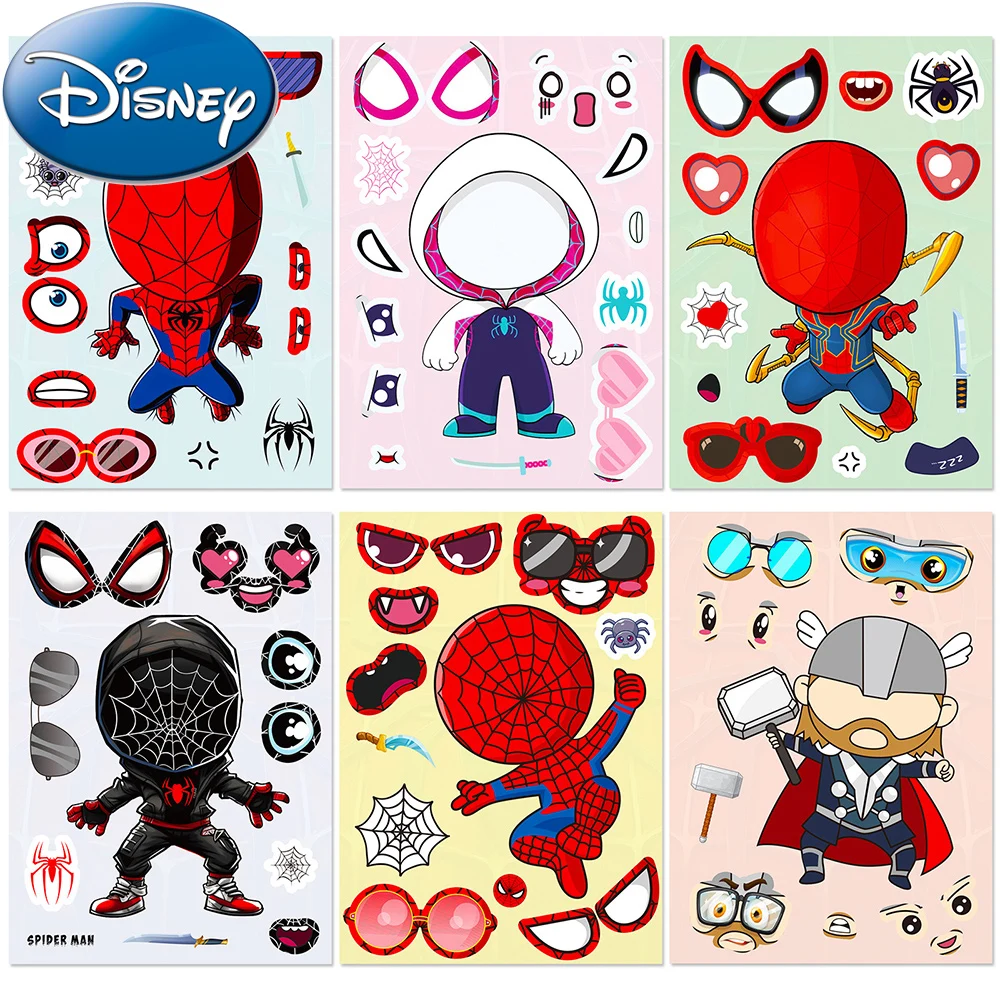 

6/12sheets Disney Spider-Man and His Amazing Friends Puzzle Stickers Make A Face Children DIY Funny Assemble Jigsaw Decals Toys