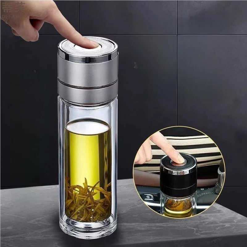 

One-Touch Lid Steel-Bonded Glass Tea Brewing Cup Men's Quick Open Double-Layered Glass Cup Durable against Drops And Breaks