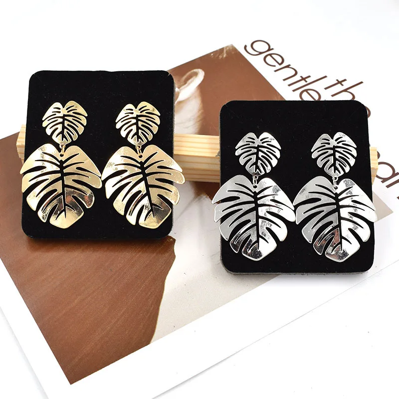 Trendy Metal Leaf Dangle Earrings for Women Small Big Double Layer Hollow Out Leaves Drop Earrings Party Retro Bohemian Jewelry