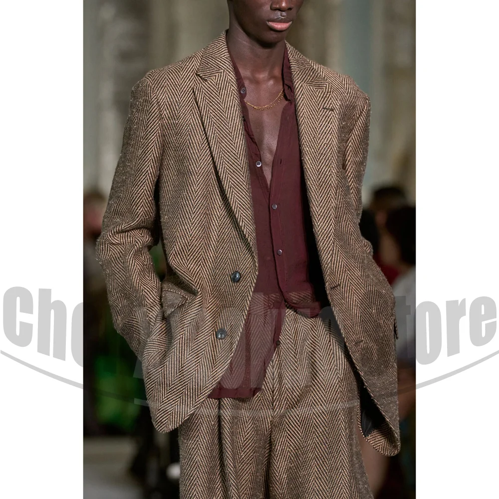 

Шикарные твидовые мужские костюмы с узором «елочка», однобортные наряды с лацканами, модный шерстяной умный повседневный мужской костюм для свадебной вечеринки, комплект из 2 предметов