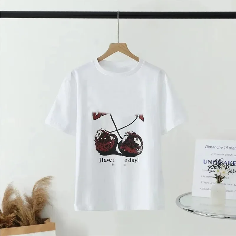 2025 نموذج جديد 2025 صيف جديد تي شيرت مع طباعة للنساء فضفاض الجولة الرقبة تي شيرتات قصيرة الاكمام ل ملابس الشارع أنيقة غير رسمية Anim