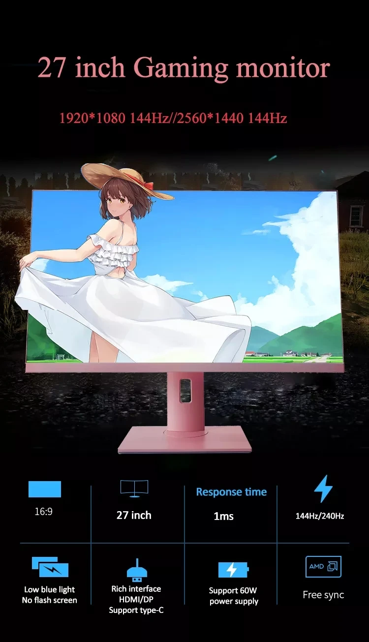 Computador LCD Gaming PC com Função RGB, LED Rosa, 1920x1080 e 165Hz, IPS, Computador, 27"