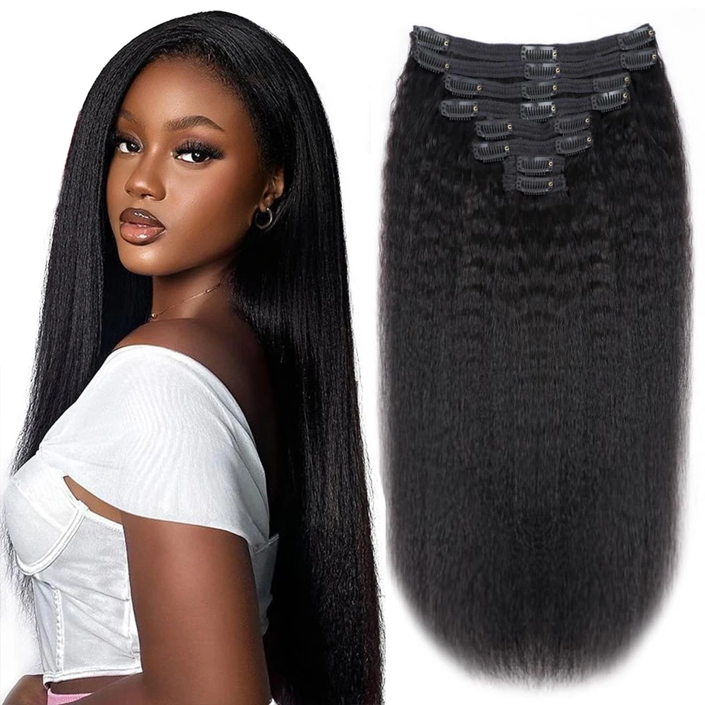 Kinky Straight Clips In Human Hair Extensions Natural Color In 100% Brazilian Remy Human Hair 120G 8Pcs/Set Full Head For Women