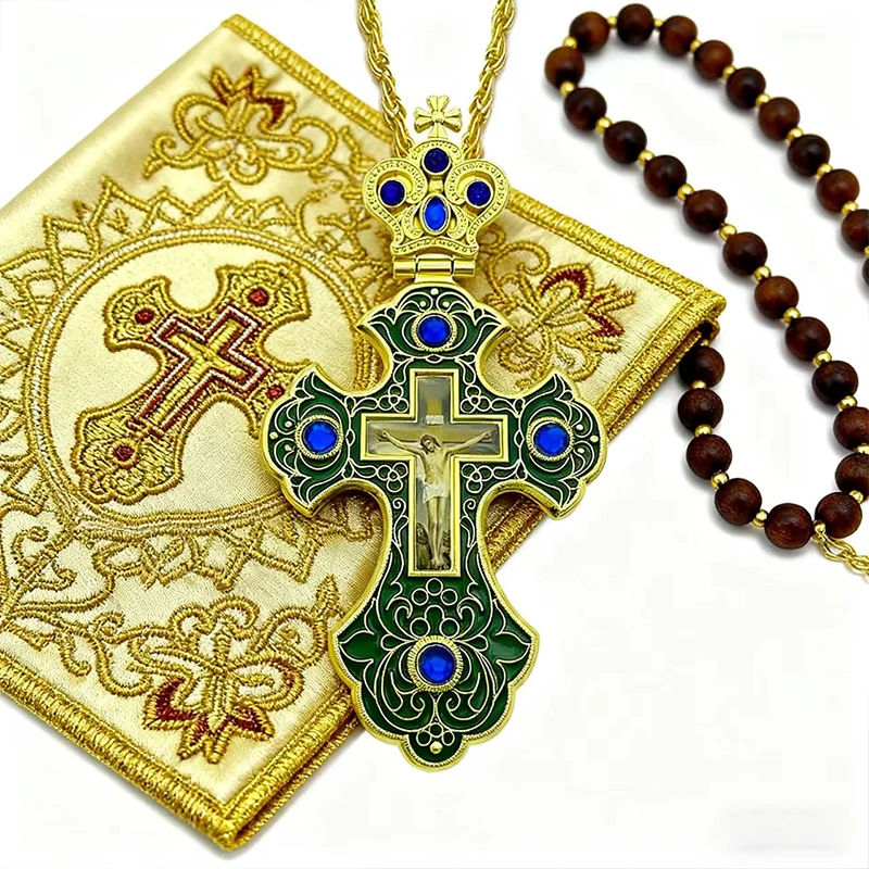 Neue 2026 Luxus-Emaille-Orthodoxe-Kreuz-Halskette mit rotem Kristall & vergoldetem Kruzifix-Ikonen-Schmuck für Priester, Liturgie & Sakramente – Detail 9