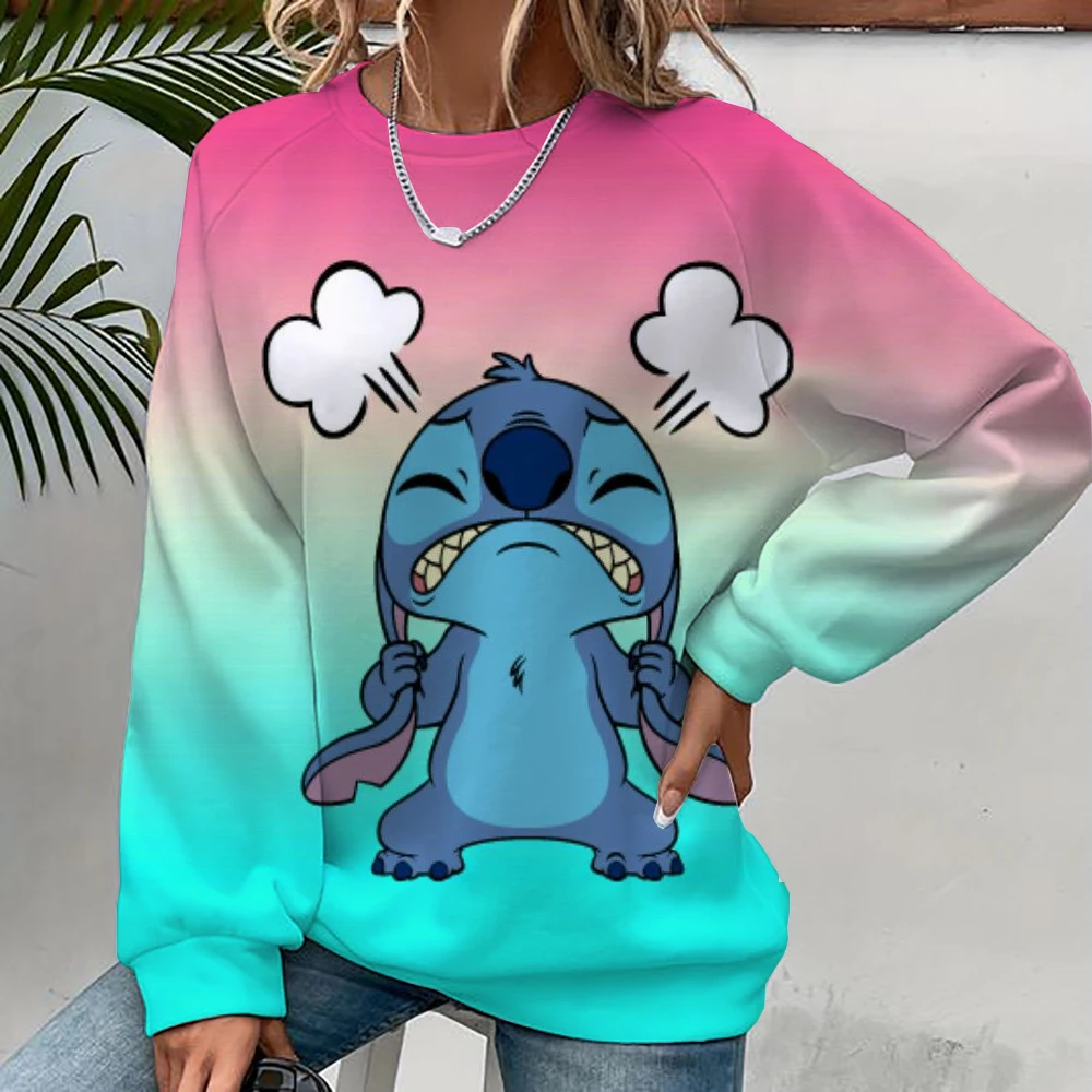 2024 New Cartoon Disney Cute Lilo & Stitch Ladies Sweatshirt Crew Neck Loose Pullover Autumn Fun Print Long Sleeve Top