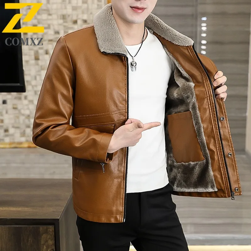 

COMXZ мужские кожаные куртки утолщенные уличные ветрозащитные мотоциклетные пальто повседневный стиль удобная осенняя куртка на молнии