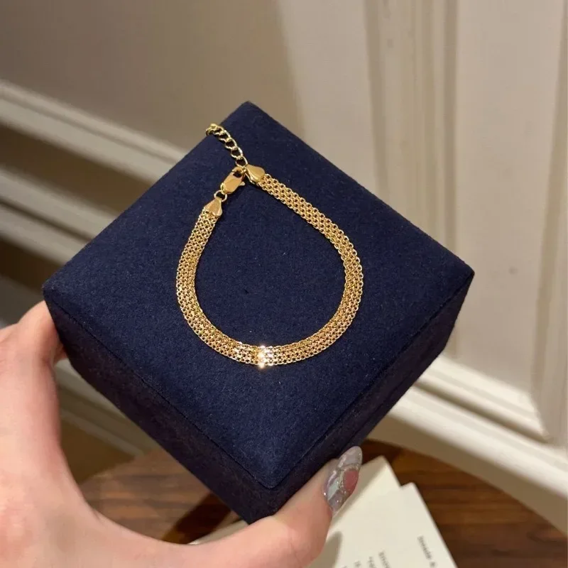 Light luxury trend hollow out chain bracelet for women silver 925 high-end two-color wide shiny fashion bangles layered jewelry