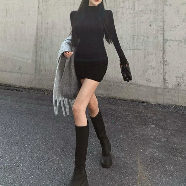 Collar Slim Tight and Velvet Long Sleeve Hip Wrapped Dress Women's Autumn Winter Sexy Interior Bottom Short Skirt