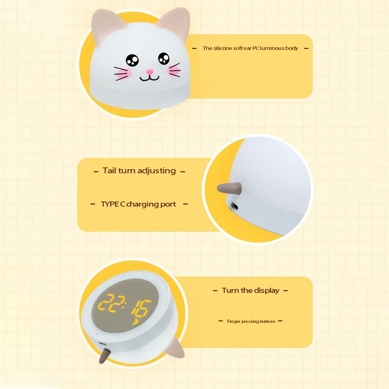 Cute Cat Alarm Clock For Children With 3 Colors LED Lamp Timer Snooze Rechargeable Night Light Kids Gifts