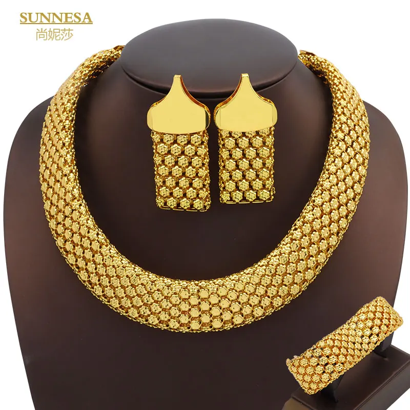 SUNNESA Trendy African Jewelry Set for Women Chunky Necklace Earrings Dubai Gold Plated Bracelet Fashion Jewellery for Party