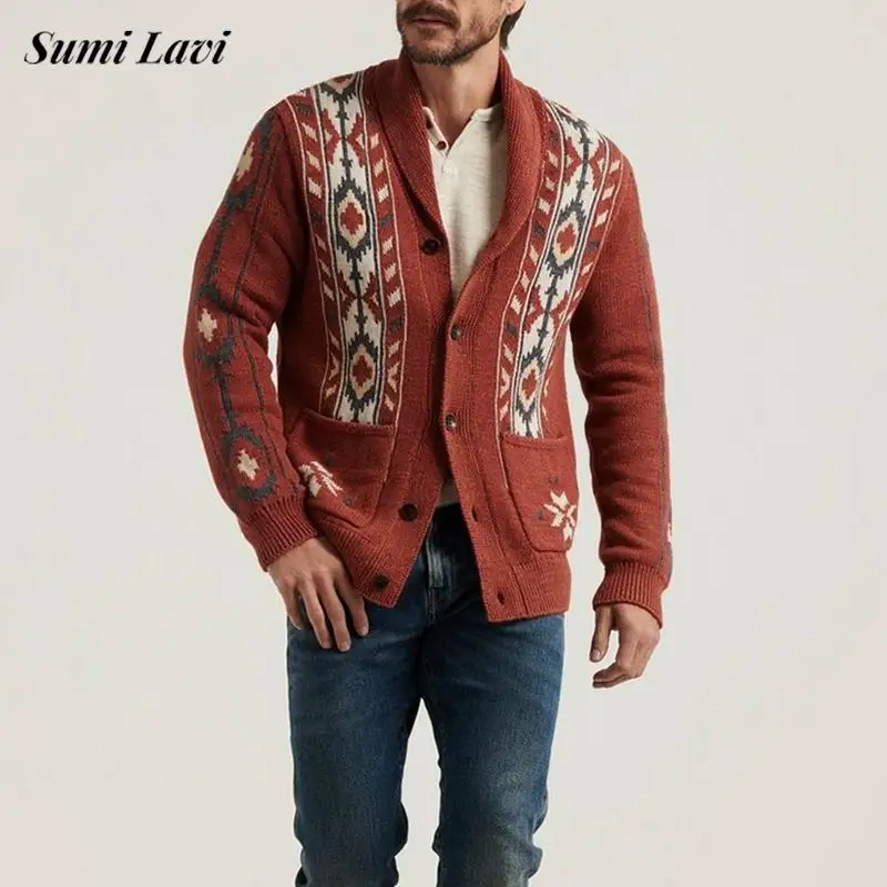 Fashionable Buttoned Lapel Sweatercoats Men Vintage Boho Style Knitted Cardigan Jacket Mens Winter Casual Knit Sweater Cardigans