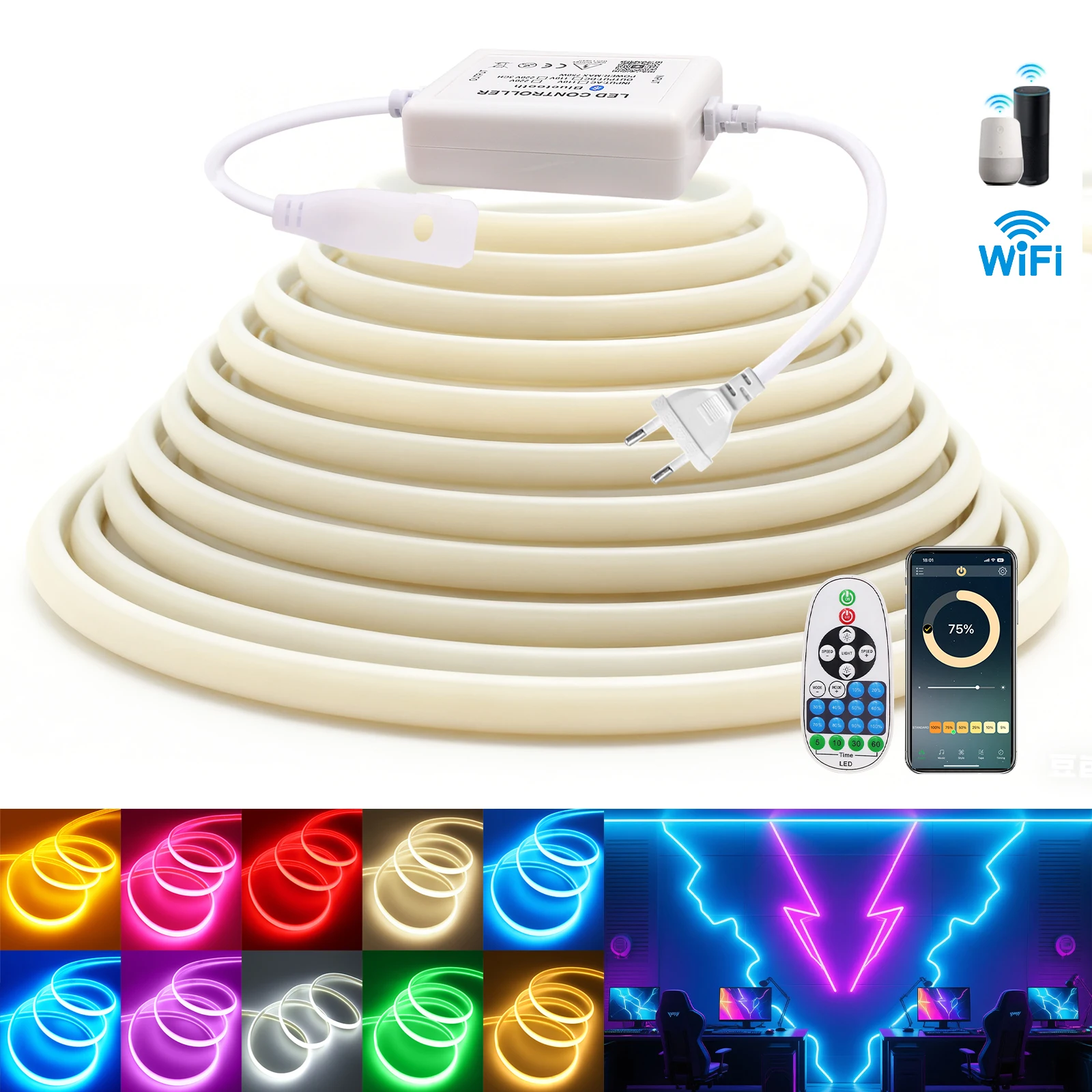 

EU 220V COB Светодиодная лента 288 светодиодов/м Водонепроницаемая лента Bluetooth APP Пульт дистанционного управления FOB Светодиодные фонари с регулируемой яркостью Неоновая веревочная лампа