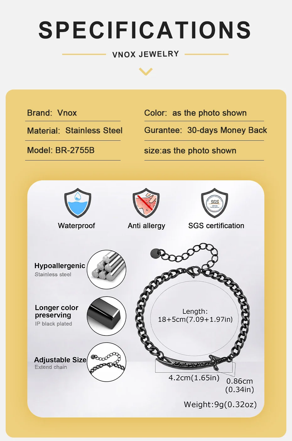 Vnox Zulfiqar Schwert-Armband für Männer, Edelstahl Islamisch Muslimisch Arabisch Verstellbare Kette Armband Religiöser Schmuck Geschenk – Detail 4