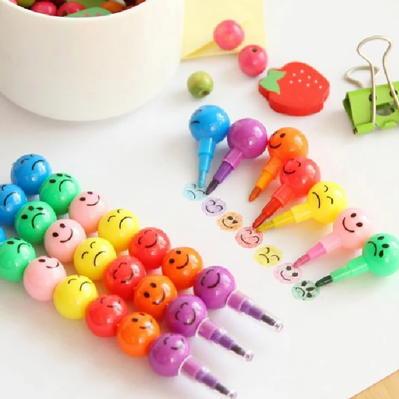 Creative Stationery Cartoon Cute Funny Expression Rock Sugar Gourd 7-color Smiley Face Sugar Gourd Crayon Stationery