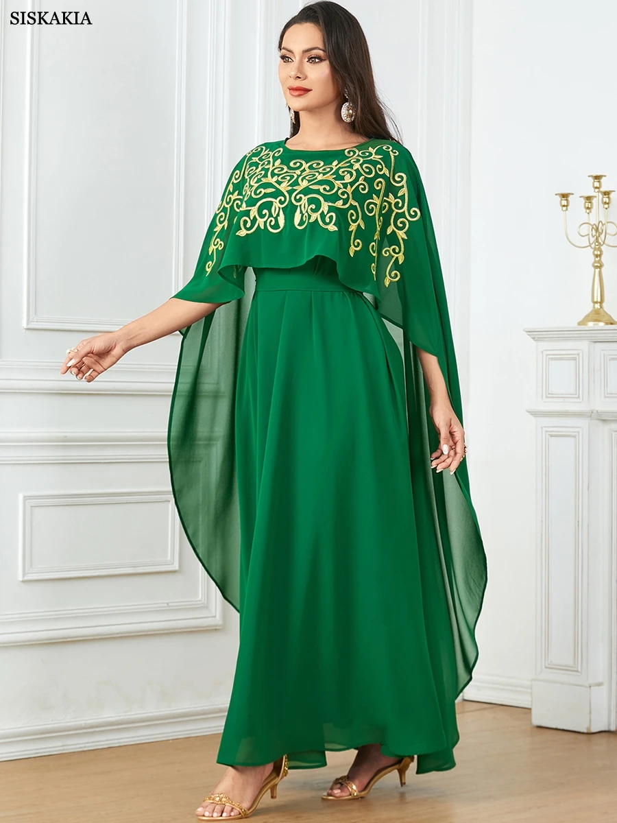 Siskakia Arab Moroccan Casual Chiffon Floral Embroidery Long Dresse With Cloak Fashion Party Belted Abaya Saudi Turkish Clothing