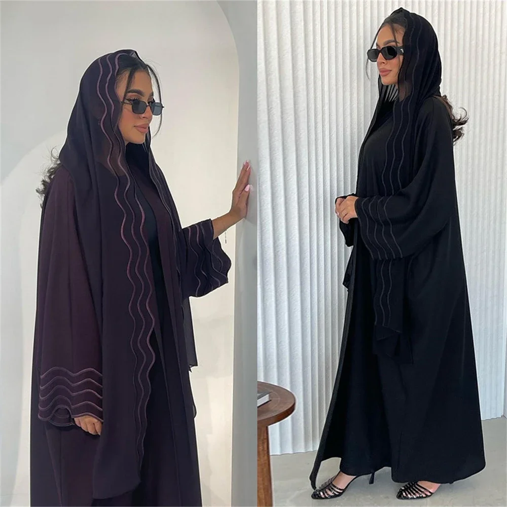 Luxury Dubai Kimono Open Abaya Hijab Maxi Dress Set for Women Muslim Long Cardigan Eid Djellaba Kebaya Islam Clothing Jalabiya