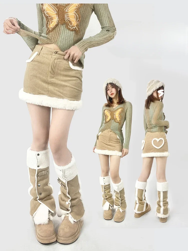 

Khaki brown corduroy short skirt love plush splicing A-word hip skirt + velvet suede leg cover two-piece set