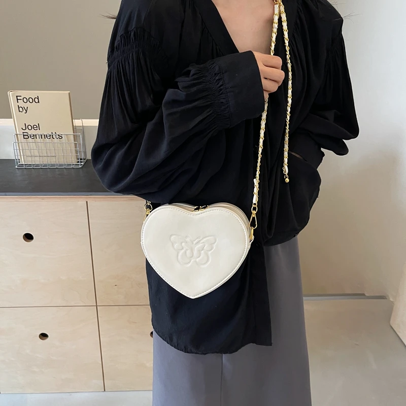 Bow Pu Chain Zipper Shoulder Bags Large Capacity Solid Sewing Thread Heart-shaped Crossbody Bags for Women 2024 Retro Portable