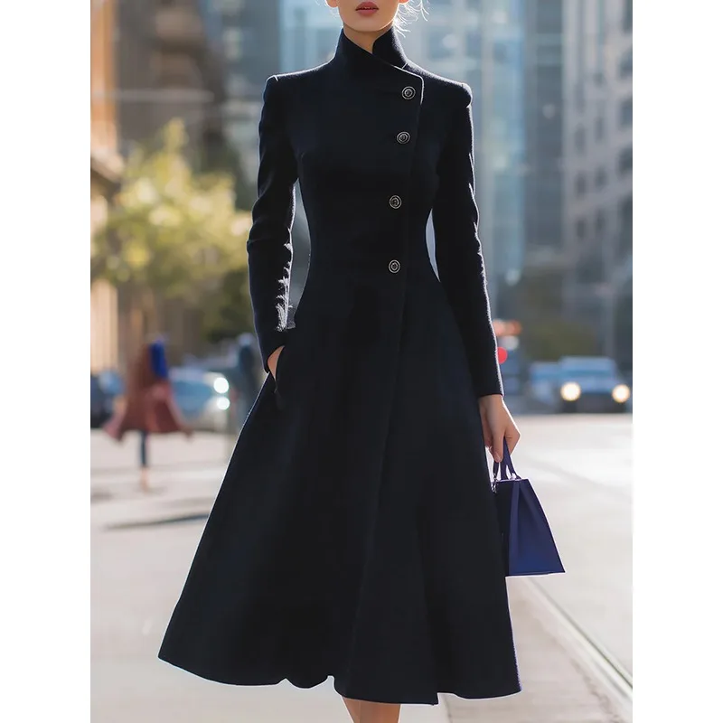 

Tinaa Deep Blue Formal Jackets Women Autumn Wunter A-line Stand Collar Long Sleeve Work Business Button Long Jacket 187858